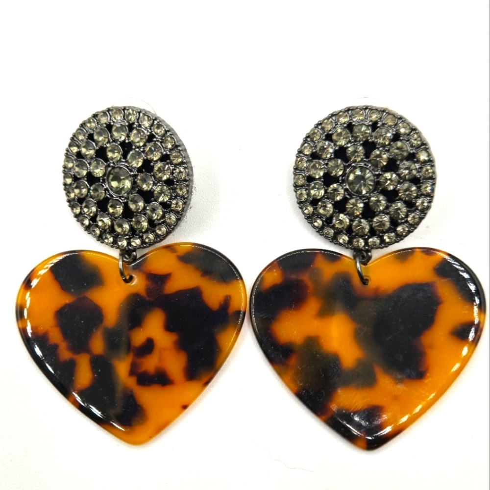 EXPRESS Fashion Earrings Chrome Rhinestones Tortoise Shell Heart